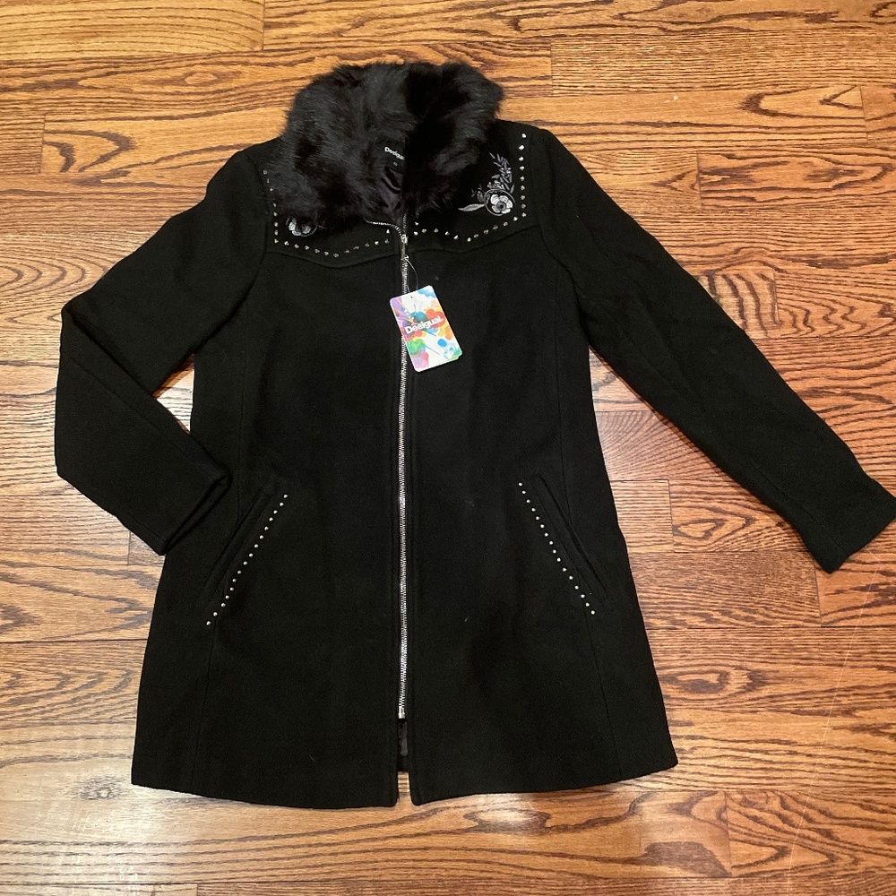 Desigual Faux-Fur Embroidered Studded Coat 38 NWOT